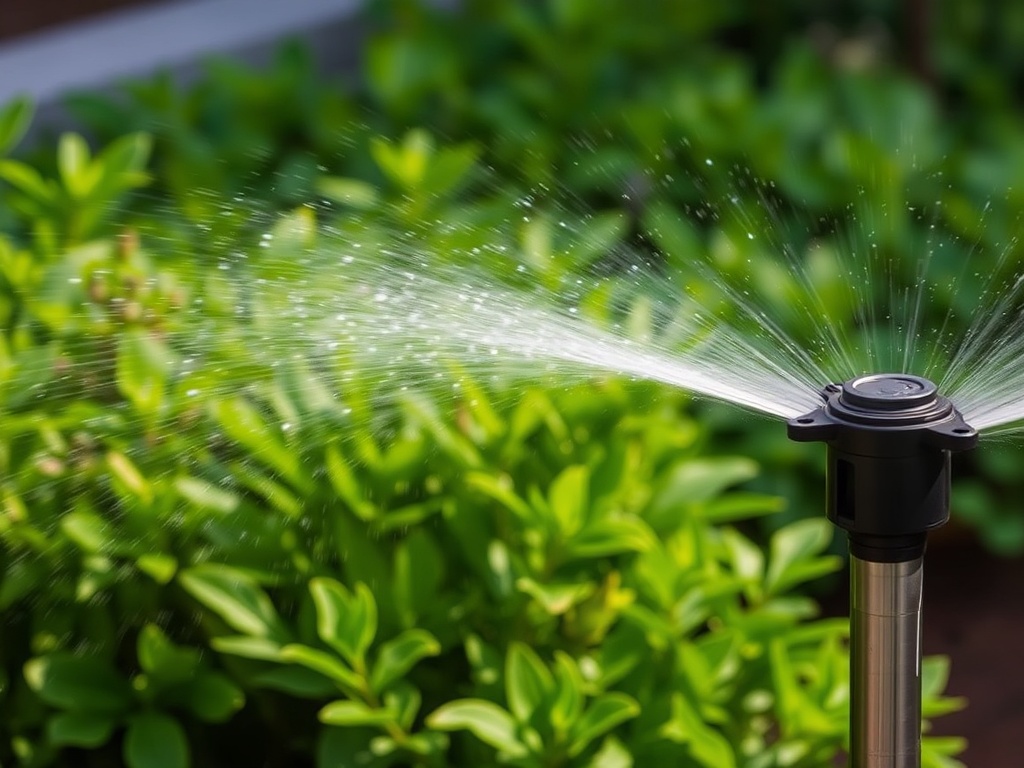 A rotating sprinkler in action, watering a lush garden with a fine mist of water.