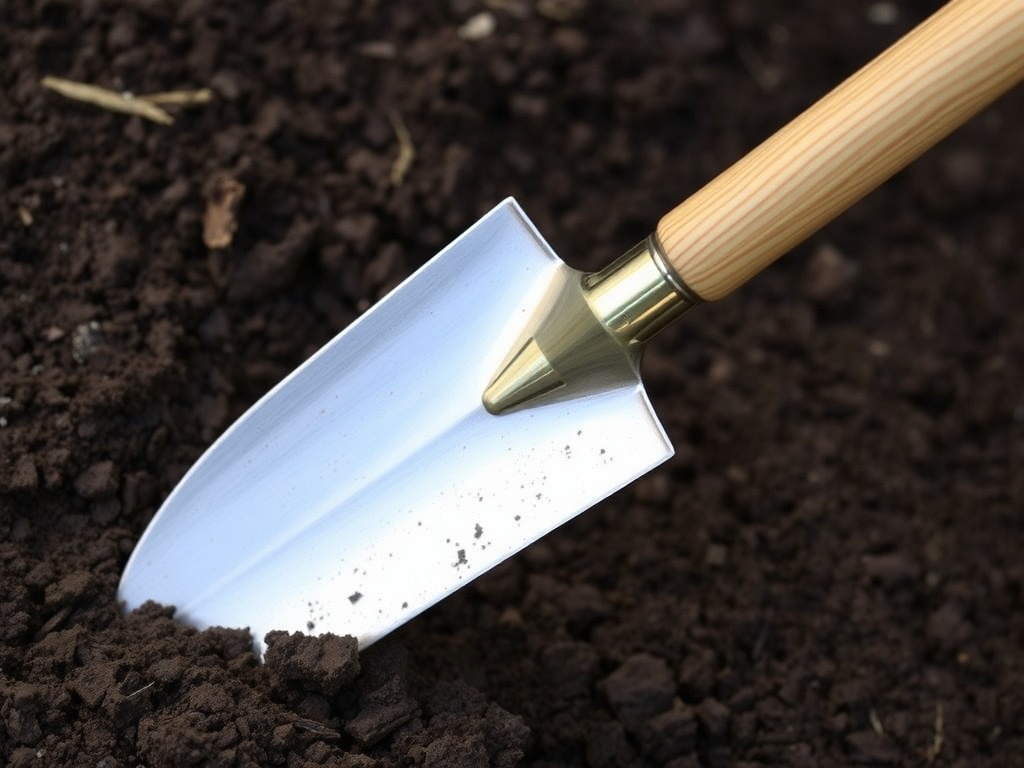 A sharp, durable shovel with a wooden handle, positioned ready to dig into soil.