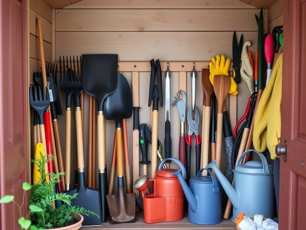 A well-organized garden tools shed filled with essential gardening tools, neatly arranged, showcasing items like a rake, shovel, pruners, watering can, and gloves.