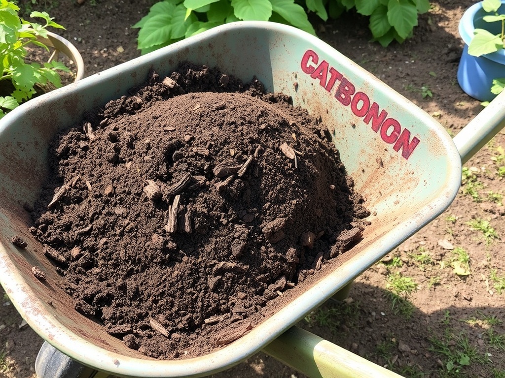 A wheelbarrow filled with fresh compost, ready to be used in the garden.