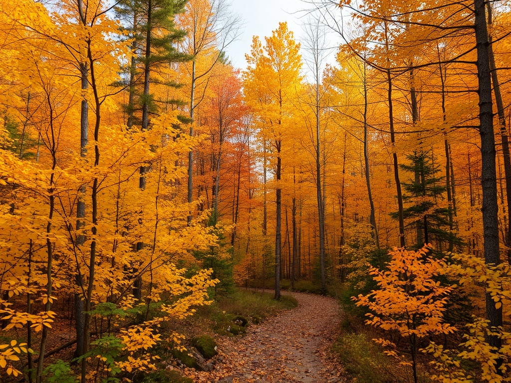 colorful fall forest in Abitibi Quebec, golden leaves, quiet trail, crisp air