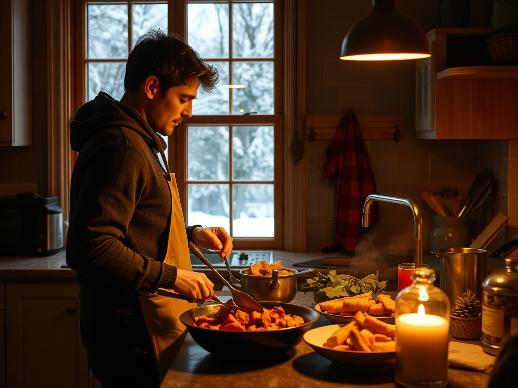 cozy kitchen scene with warm lighting, someone cooking hearty meal, snow visible through window