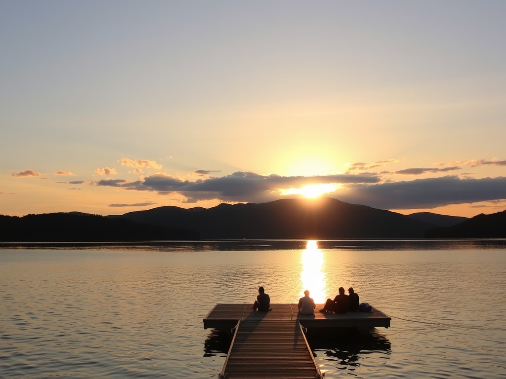 lake near Val-d'Or at sunset, people relaxing on dock, golden light, calm water
