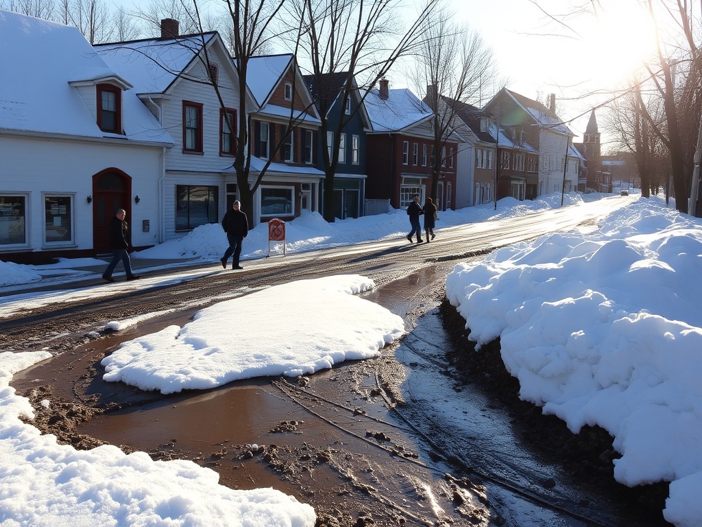melting snow in small Quebec town, muddy streets, early spring sunlight, people walking