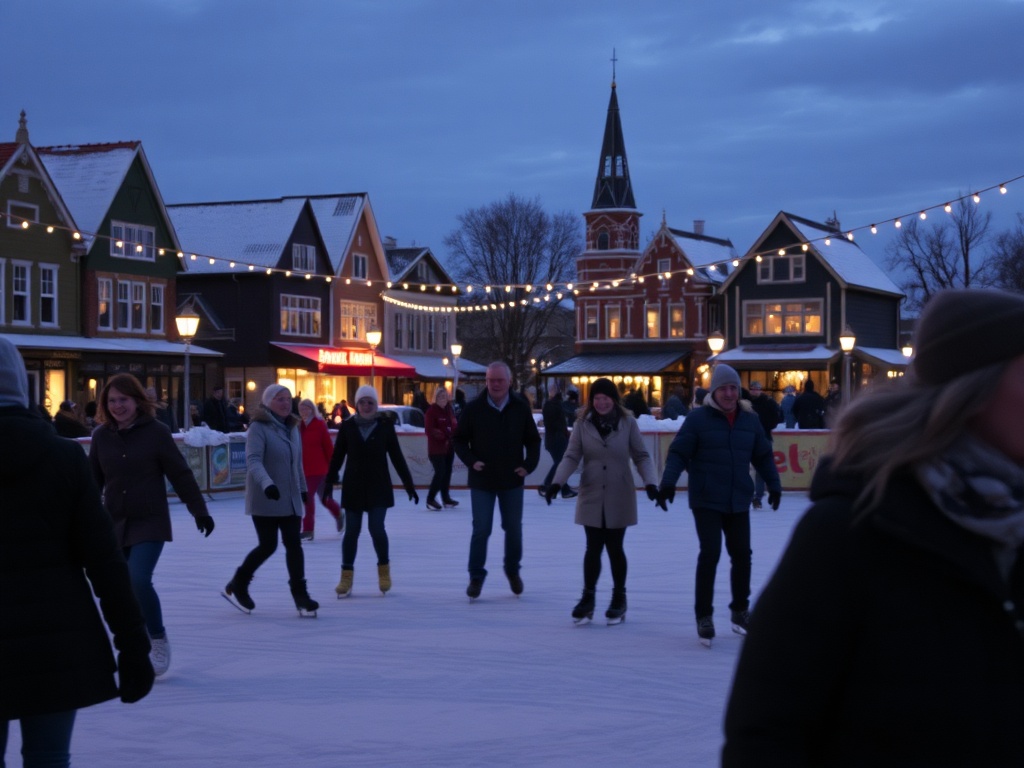 people ice skating under lights in Quebec winter evening, small town vibe, laughter and movement