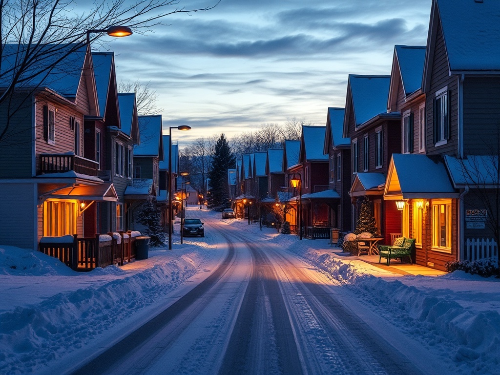 winter street in Val-d'Or at dusk, warm lights glowing from houses, snow-covered sidewalks, cozy atmosphere