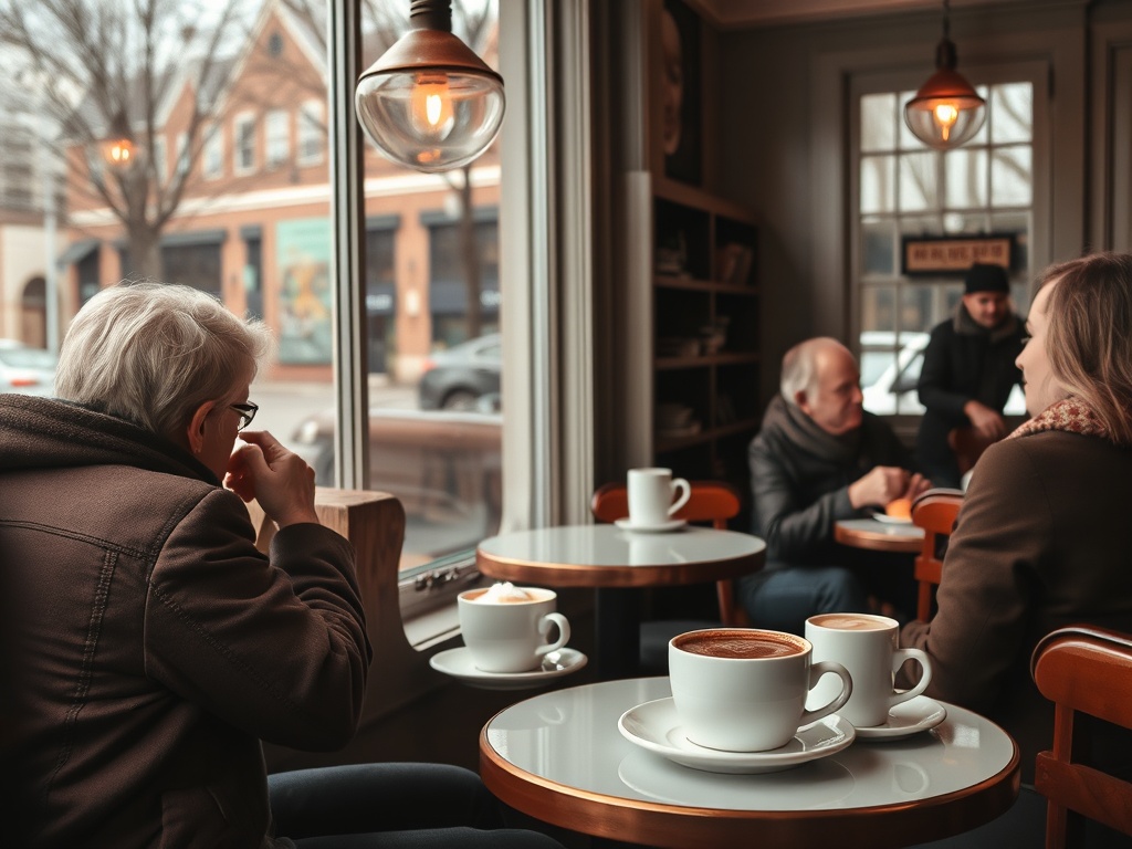 cozy Quebec-style cafe with pastries, espresso, and locals chatting near window seating