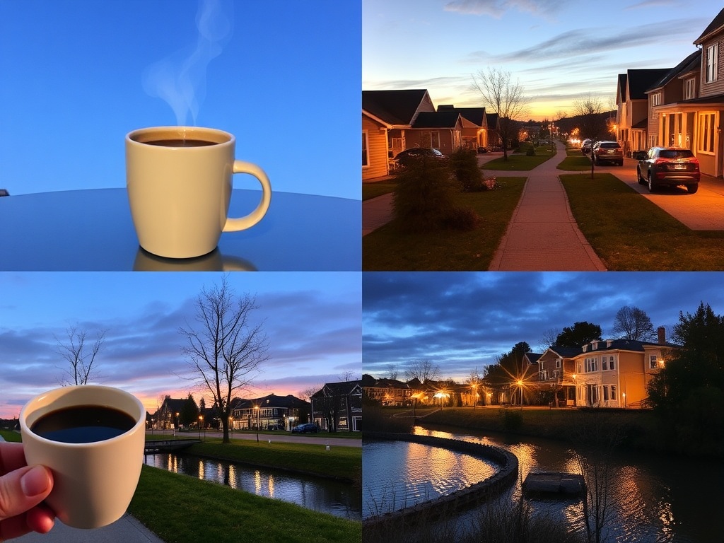day-in-the-life collage of Vanier including coffee, walking streets, river path, and evening lights