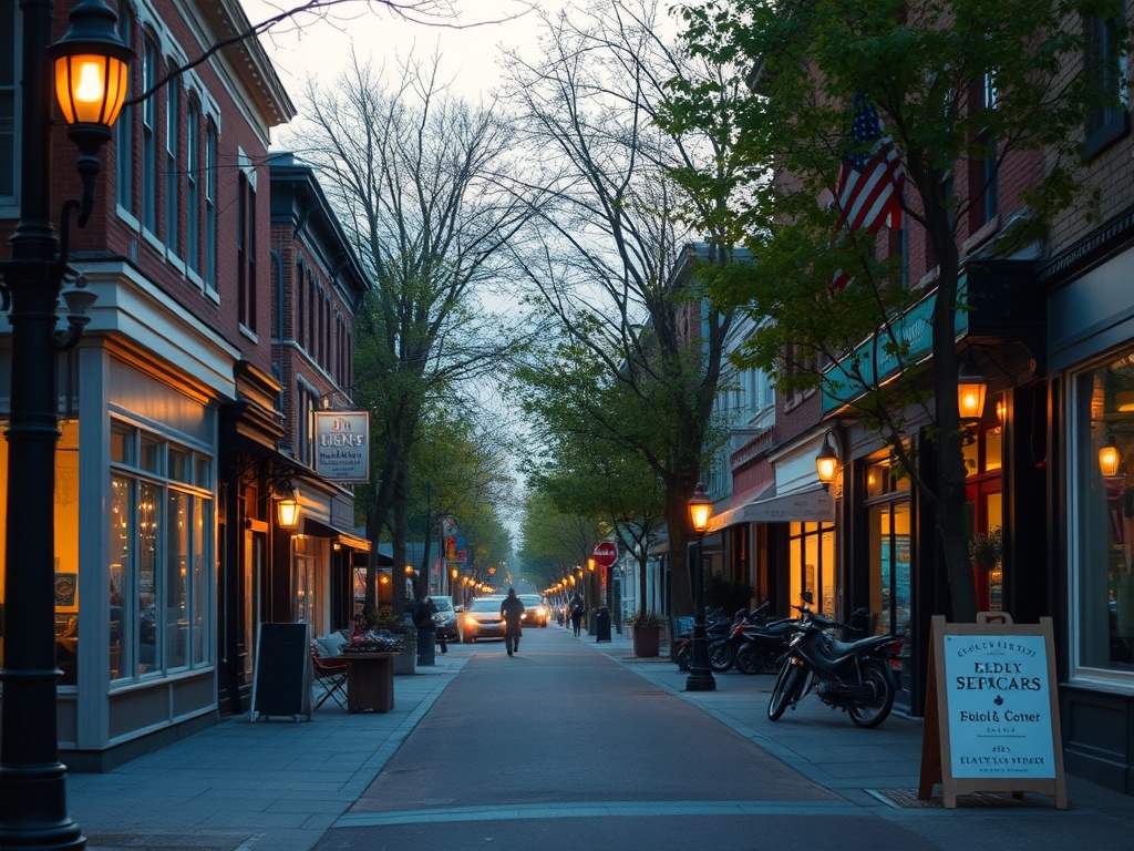 evening street in Vanier with warm lights, local storefronts, and a quiet authentic atmosphere
