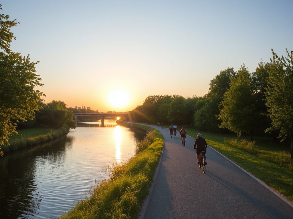 Rideau River pathway in Vanier with cyclists, greenery, and calm water during golden hour