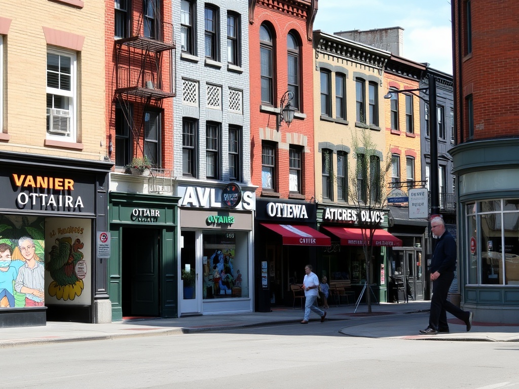street-level view of Vanier Ottawa with mixed architecture, murals, small businesses, and everyday local life