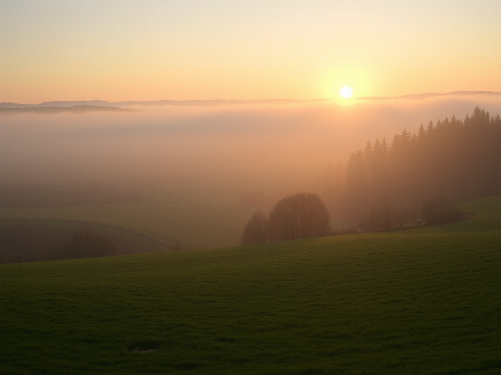 early morning light over fields in Vars with light fog and quiet landscape