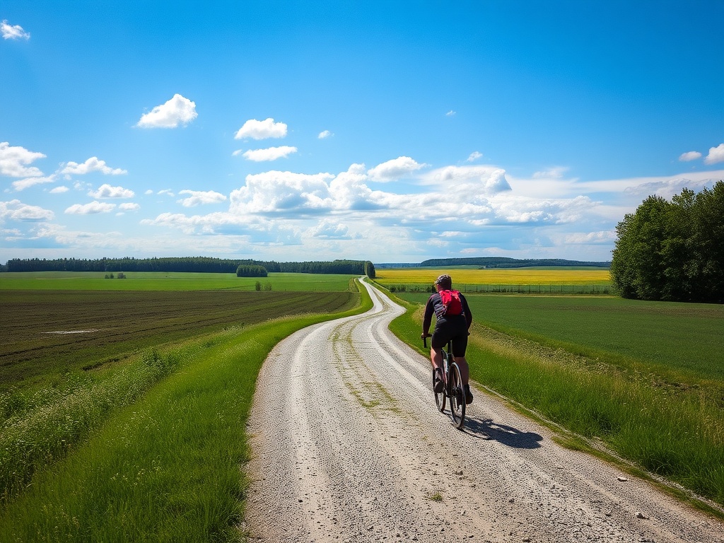 gravel road cycling near Vars Ontario with open fields and blue sky