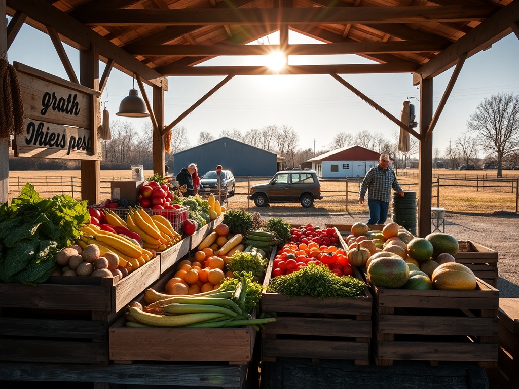 local farm stand in rural Ontario with fresh produce, wooden crates, warm sunlight