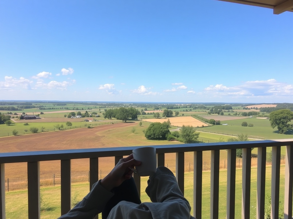 person sitting on porch in countryside with coffee overlooking fields, relaxed atmosphere