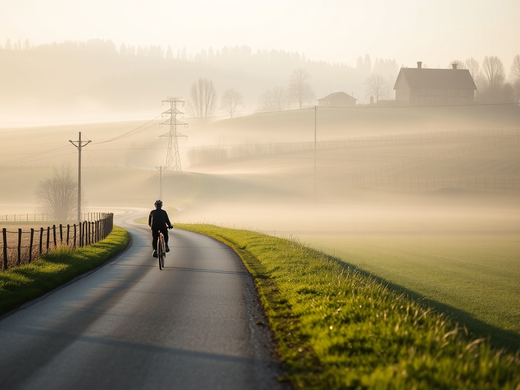 quiet rural road in Vars with morning mist and cyclist passing by fields