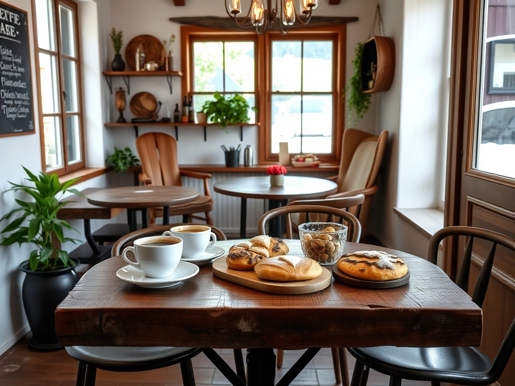 small local cafe near Vars with rustic decor, coffee and pastries on wooden table