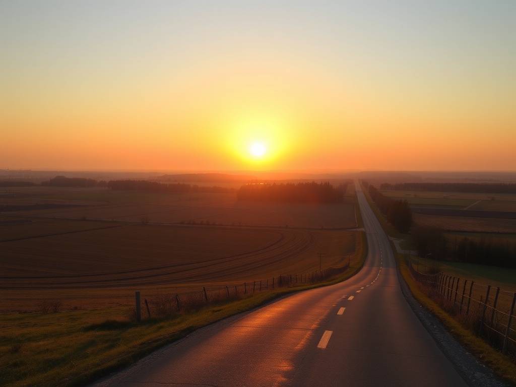 sunrise over Vars Ontario countryside with farmland, quiet road, soft golden light