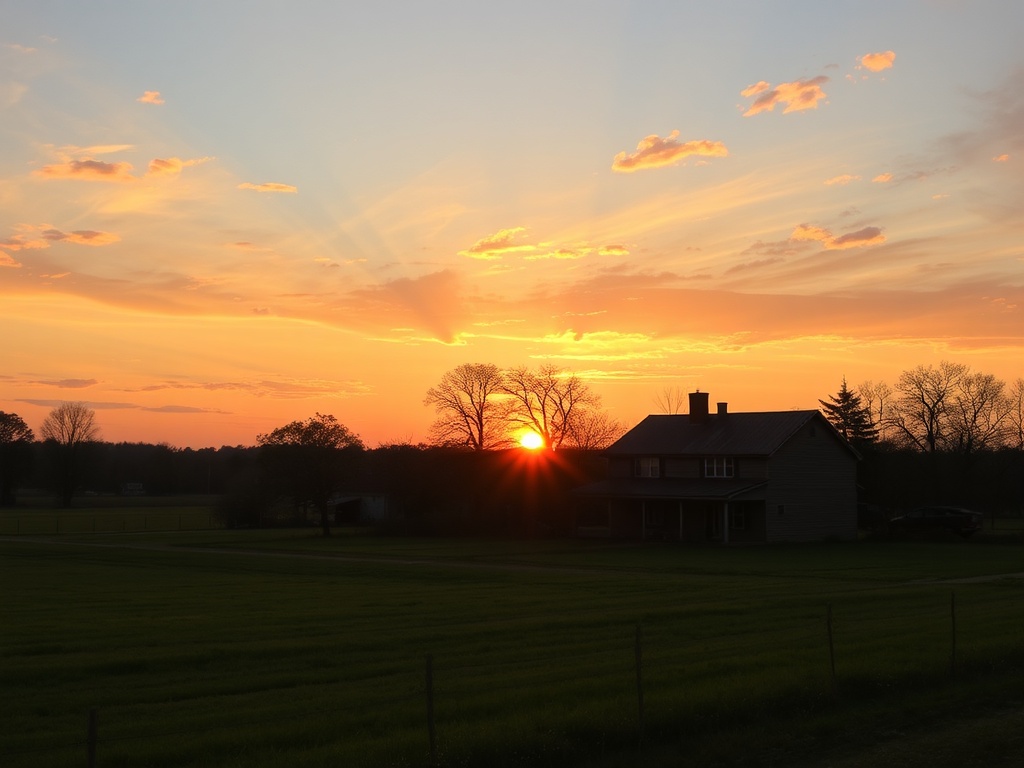 sunset over rural Ontario farmhouse with warm light and peaceful sky