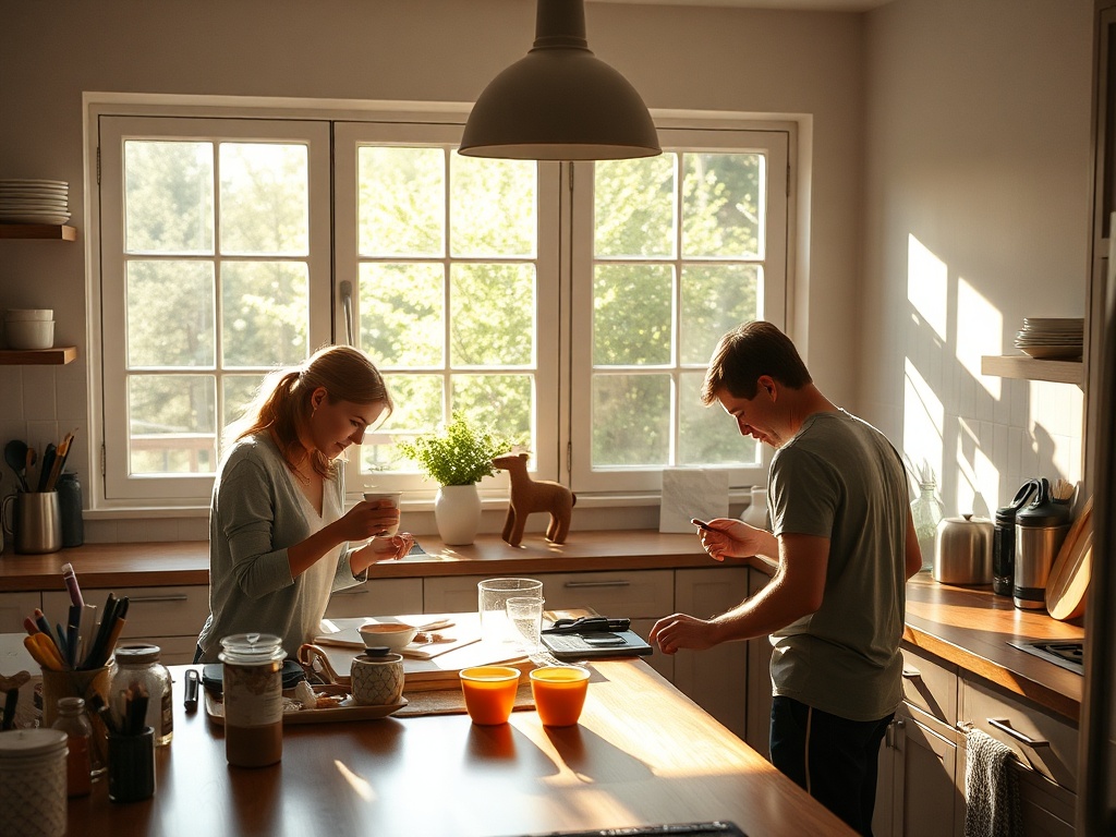 busy family kitchen morning coffee planning weekend, sunlight through window, relaxed but intentional vibe