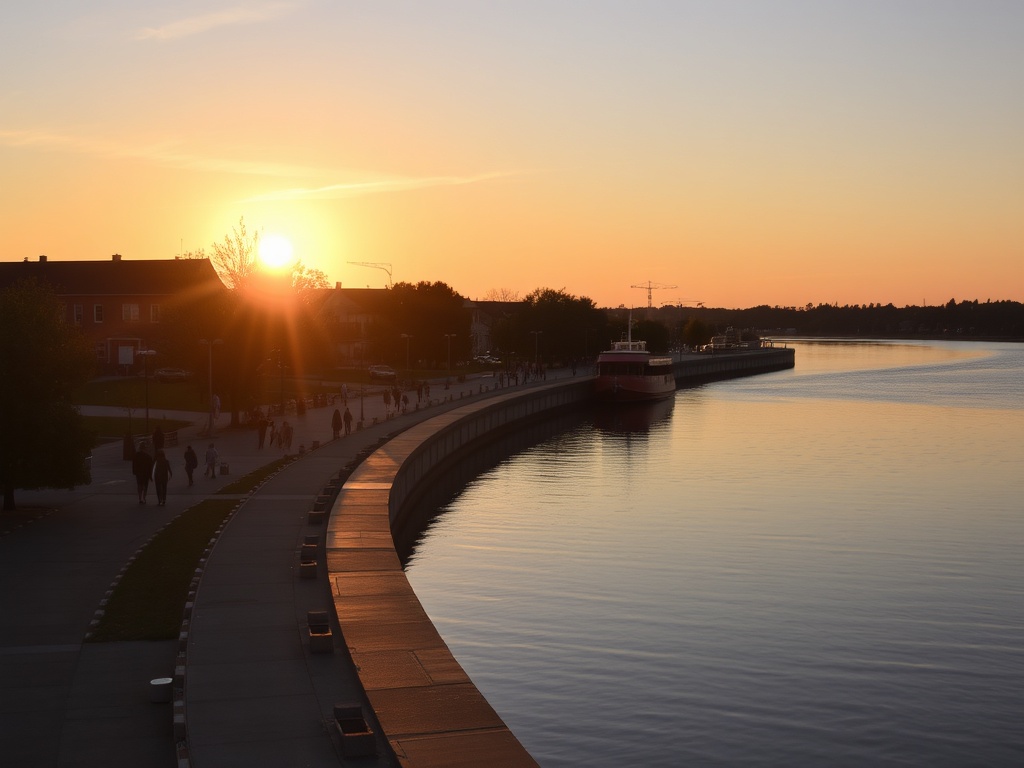golden hour over Vaudreuil-Dorion waterfront with people walking, soft light, calm river, relaxed weekend mood