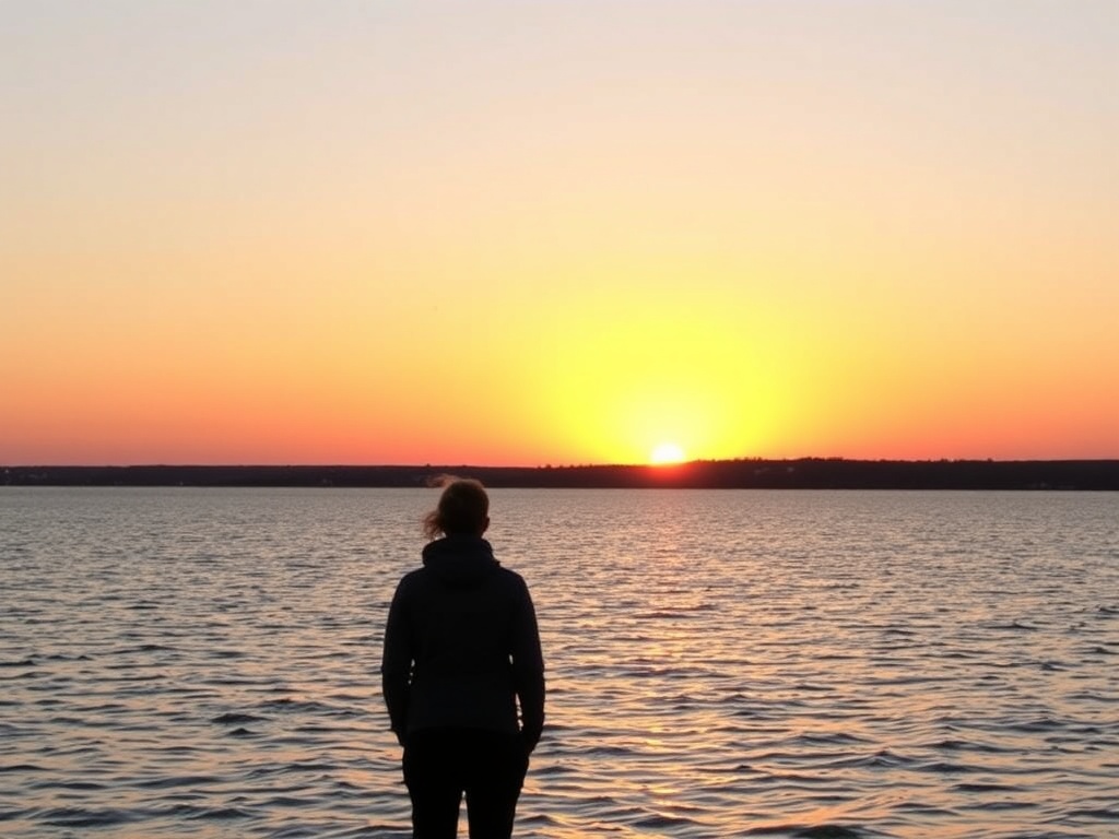 peaceful sunset over Vaudreuil-Dorion, calm water, person standing looking at horizon, reflective mood