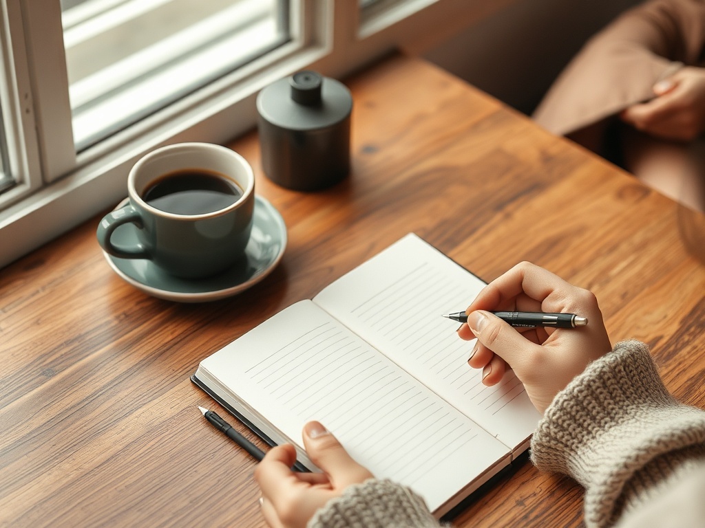 person journaling weekend plans with coffee, cozy table, notebook, pen, minimal aesthetic