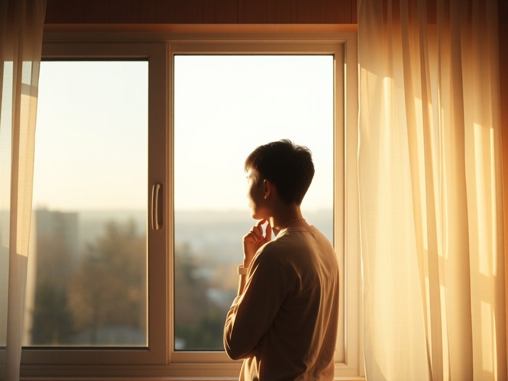 person looking out window thinking, soft lighting, reflective mood, calm weekend planning moment