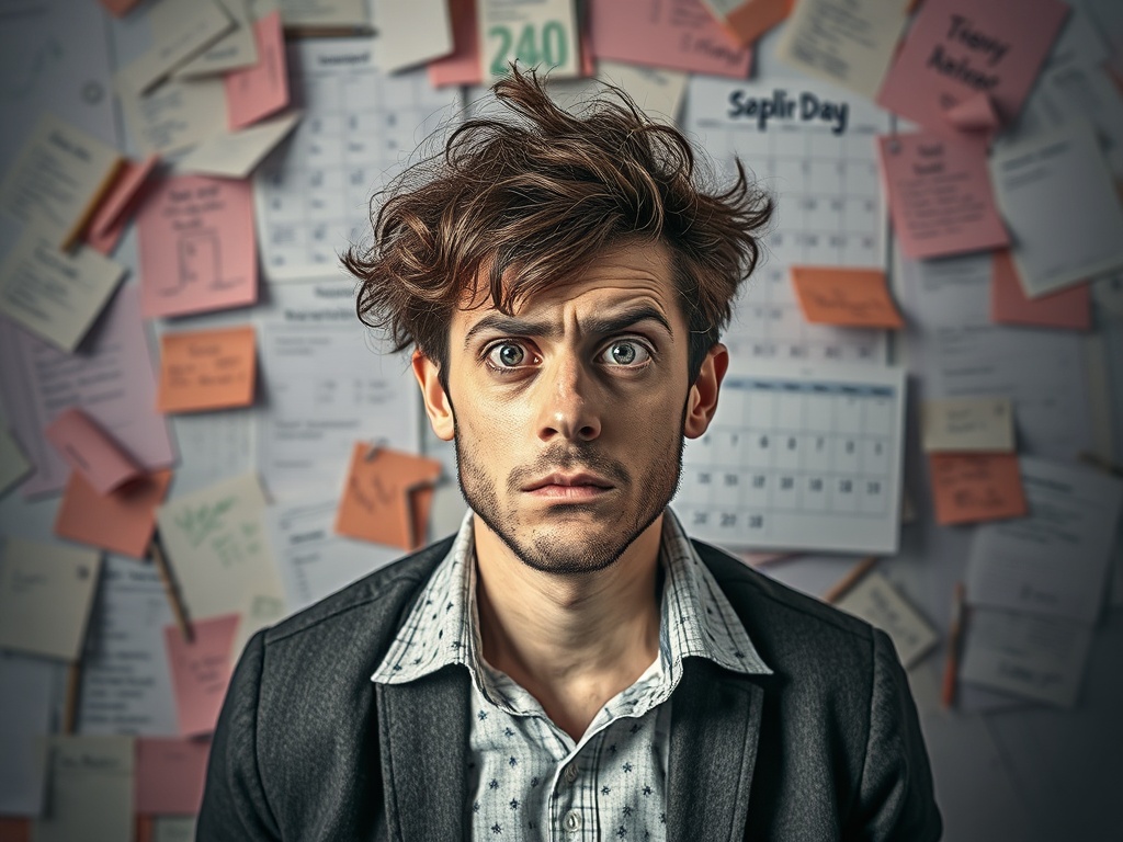 person overwhelmed with too many plans, cluttered calendar, stressed expression, contrast to simple planning