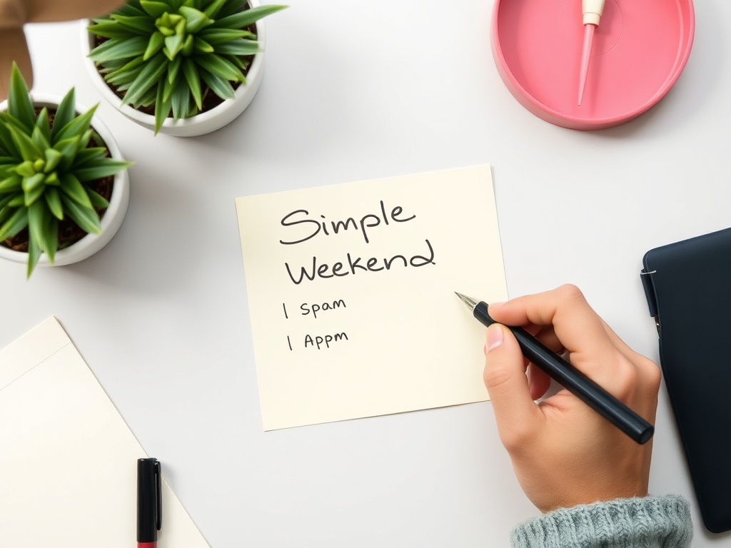 person writing one simple weekend plan on sticky note, clean desk, minimal and focused