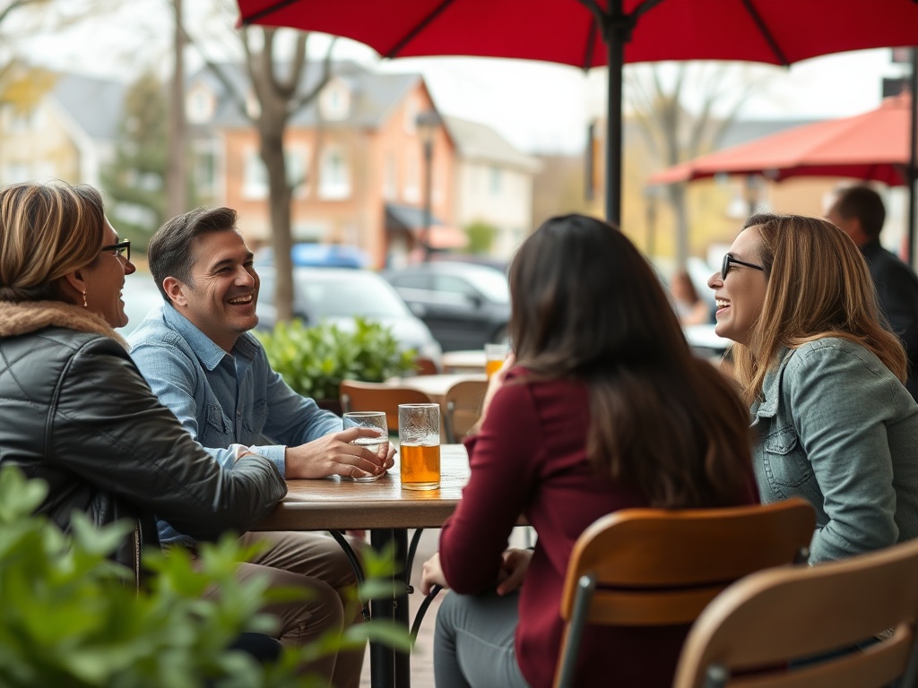 small group of friends laughing at outdoor café in Quebec suburb, relaxed atmosphere, natural candid moment
