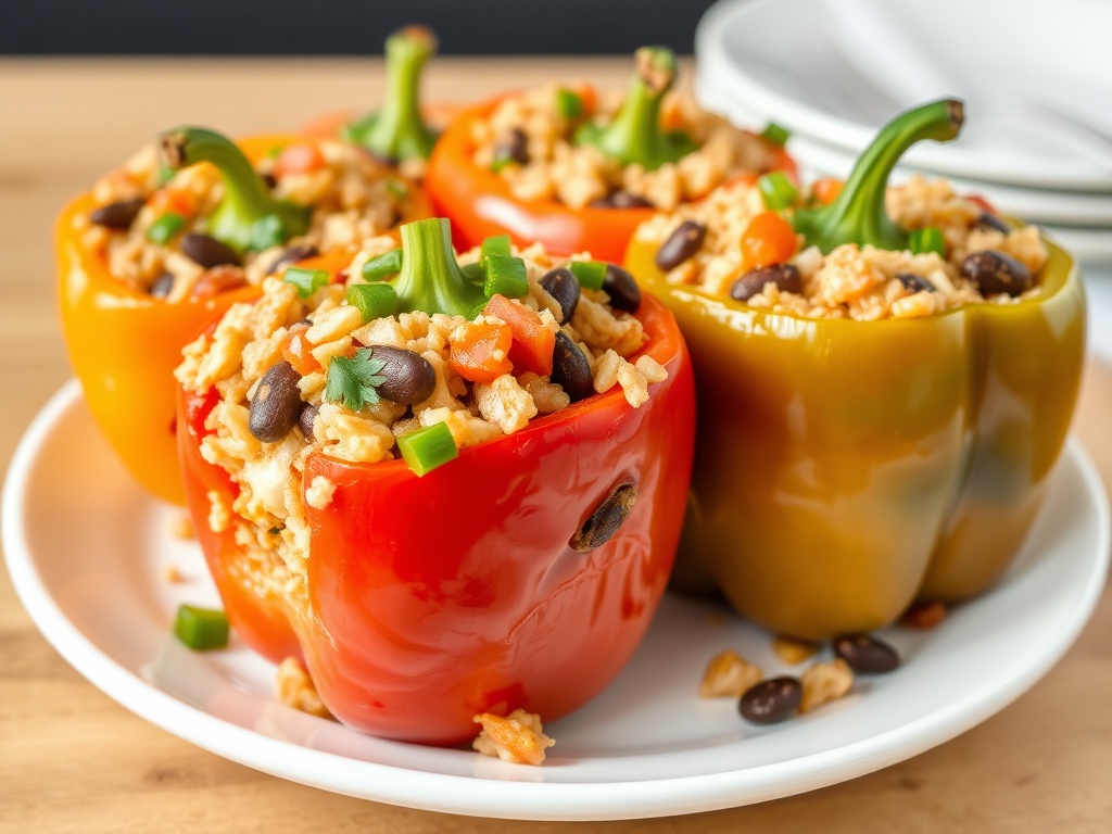 colorful stuffed bell peppers filled with rice, beans, vegetables, baked and garnished