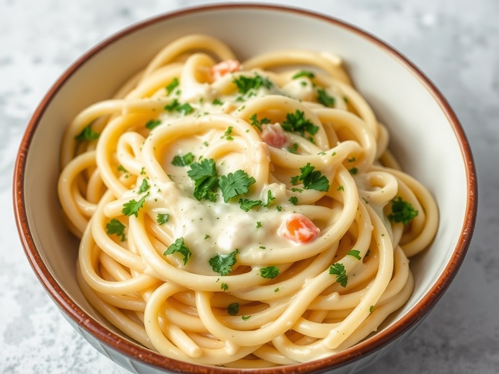 creamy vegan alfredo pasta with garlic sauce and parsley, served in a bowl