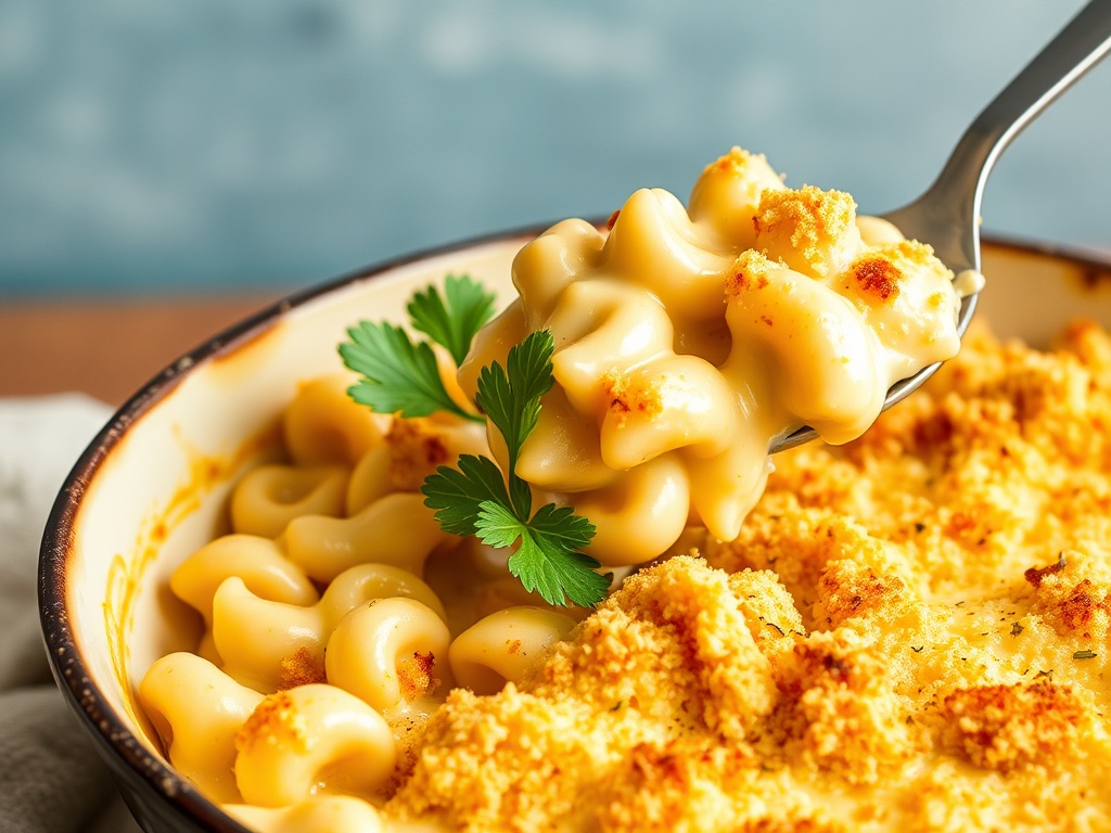 creamy vegan mac and cheese with cashew sauce, golden breadcrumbs, baked in a rustic dish