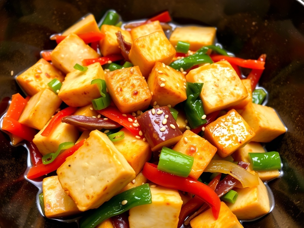 crispy tofu stir fry with colorful vegetables, glossy sauce, and sesame seeds in a wok