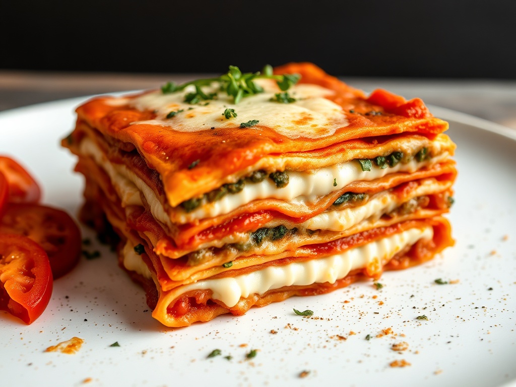 layered vegan lasagna with cashew ricotta, tomato sauce, and herbs, sliced and served hot