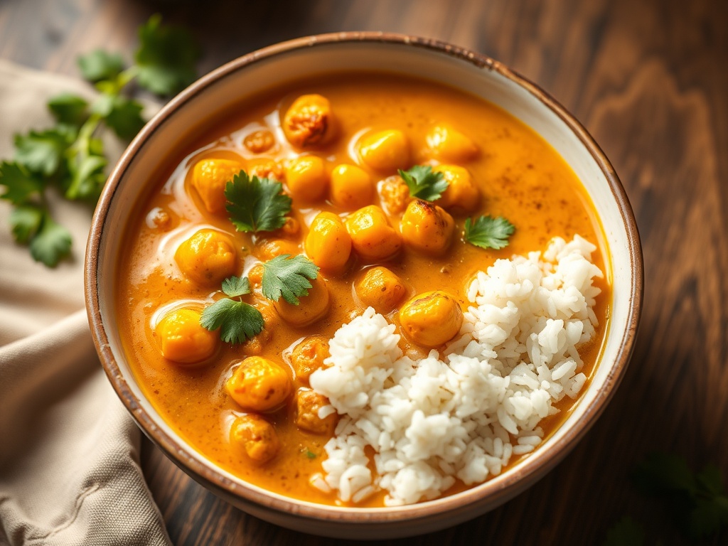 steaming bowl of coconut chickpea curry with vibrant spices, cilantro garnish, and fluffy rice in warm lighting
