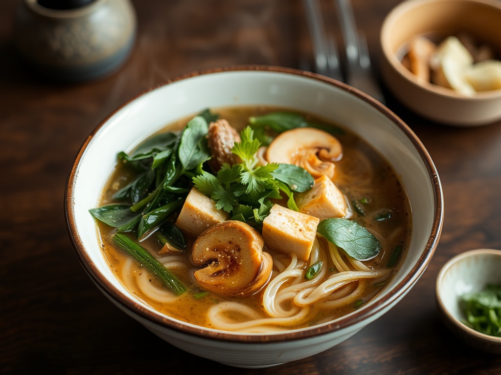 steaming bowl of vegan ramen with miso broth, noodles, tofu, mushrooms, and greens