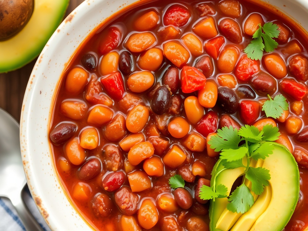 thick vegan chili with beans, tomatoes, spices, served in a bowl with avocado and cilantro