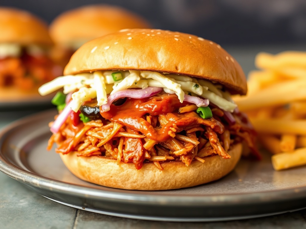 vegan BBQ jackfruit sandwich with shredded texture, tangy sauce, and coleslaw on a bun