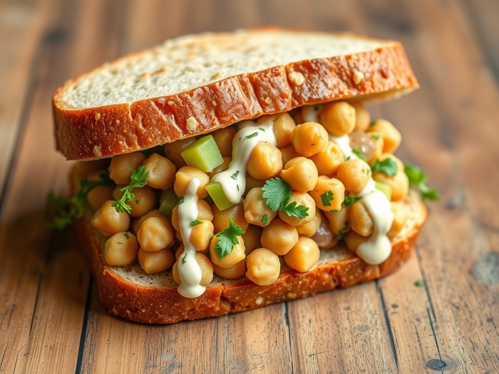 vegan chickpea salad sandwich with crunchy celery, herbs, and creamy dressing on bread