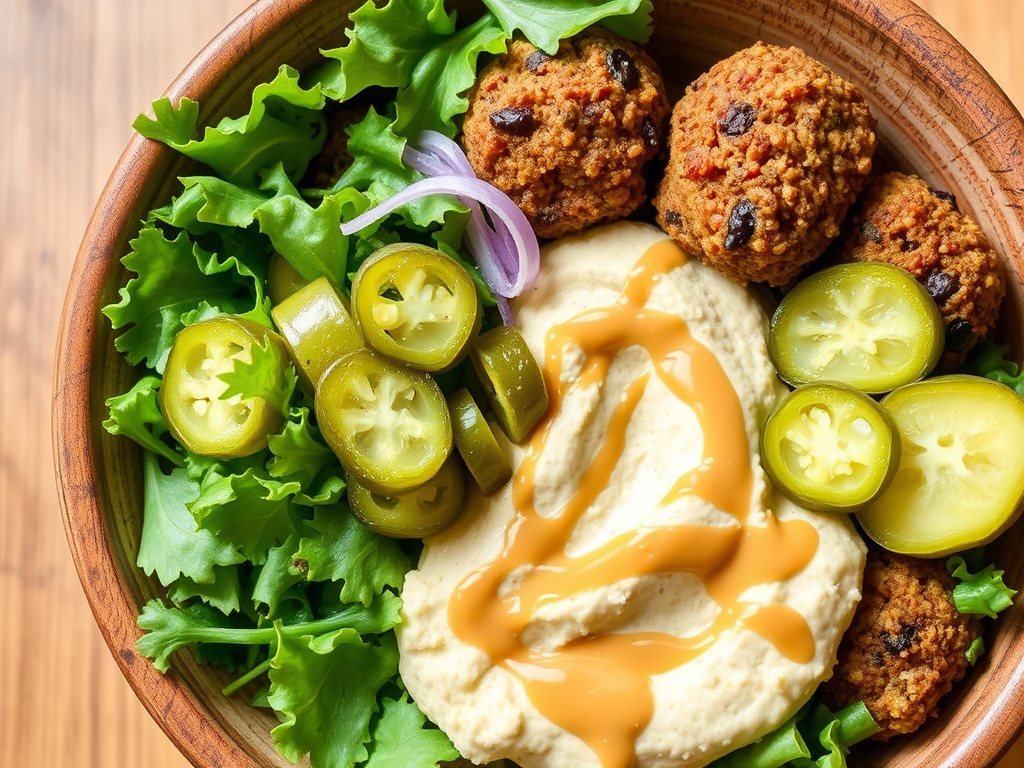 vegan falafel bowl with baked falafel, hummus, greens, pickles, and tahini drizzle
