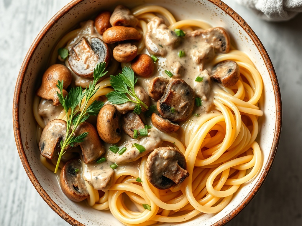 vegan mushroom stroganoff with creamy sauce over pasta, earthy tones and fresh herbs