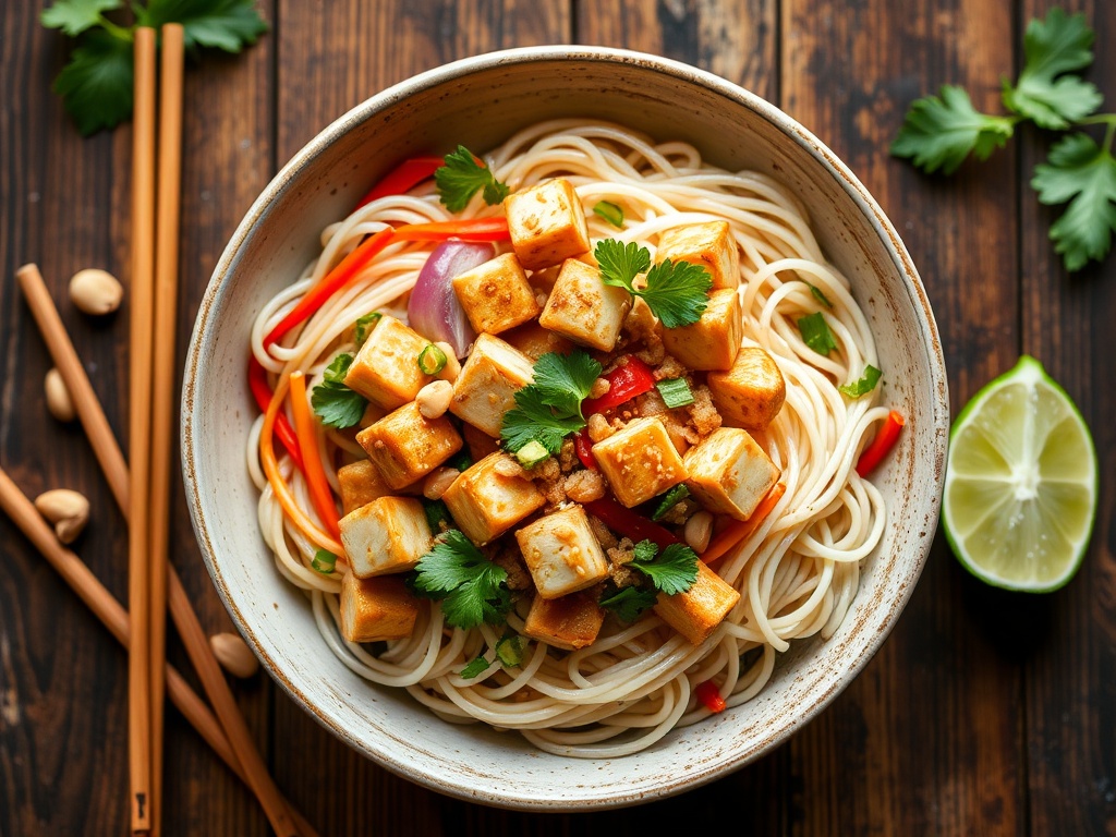 vegan pad thai with rice noodles, tofu, peanuts, lime, and colorful vegetables