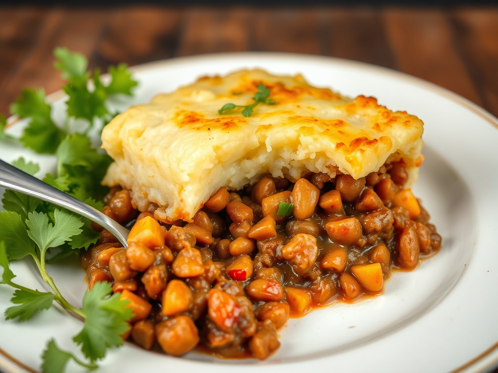 vegan shepherd’s pie with lentil filling and golden mashed potato topping, baked until crisp