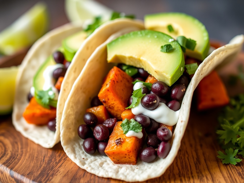 vegan tacos filled with roasted sweet potato, black beans, avocado, and lime crema