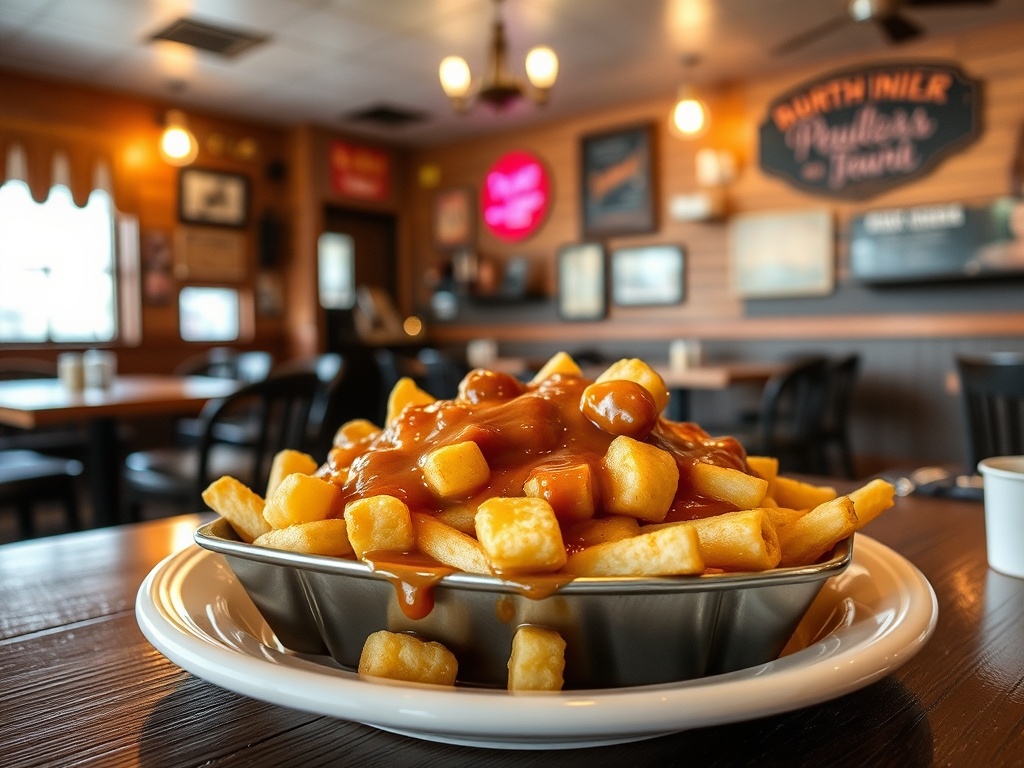 classic Quebec poutine in Victoriaville diner, rustic setting, melted cheese curds and gravy