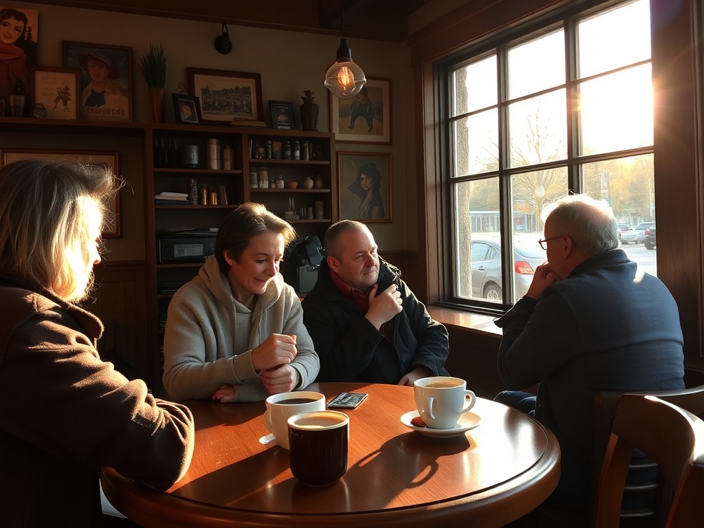 cozy small-town Quebec cafe in Victoriaville, morning light, locals chatting, espresso cups