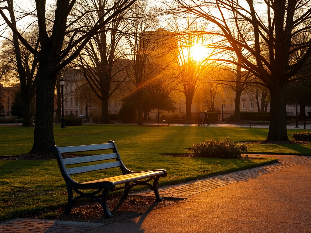 quiet park in Victoriaville during golden hour, bench, warm light, peaceful setting