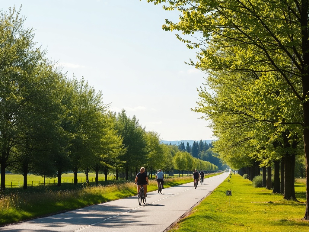 Victoriaville bike path with trees, cyclists, peaceful Quebec scenery, sunny day